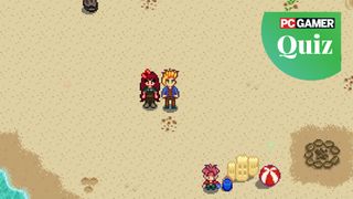 Stardew Valley farmer and Sam standing on the beach during the Summer