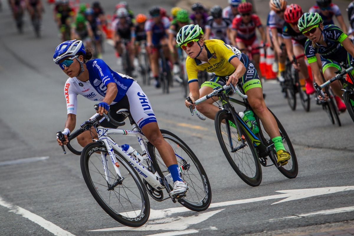 Coryn Rivera (UnitedHealthcare) and yesterday&rsquo;s winner Lauren Stephens (TIBCO) at the front