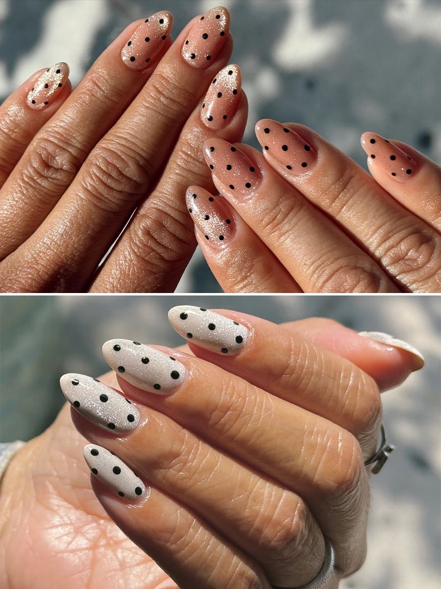 Two variations of sparkly, polka dot nail designs by Queenie Nguyen.