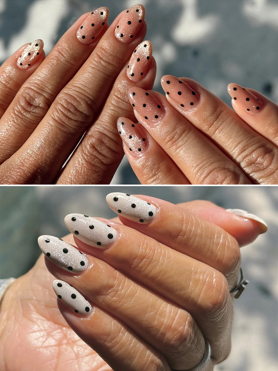 Two variations of sparkly, polka dot nail designs by Queenie Nguyen