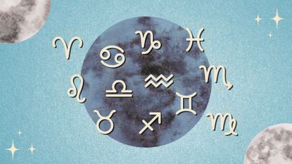 Representation of the zodiac signs against a backdrop of the full moon.