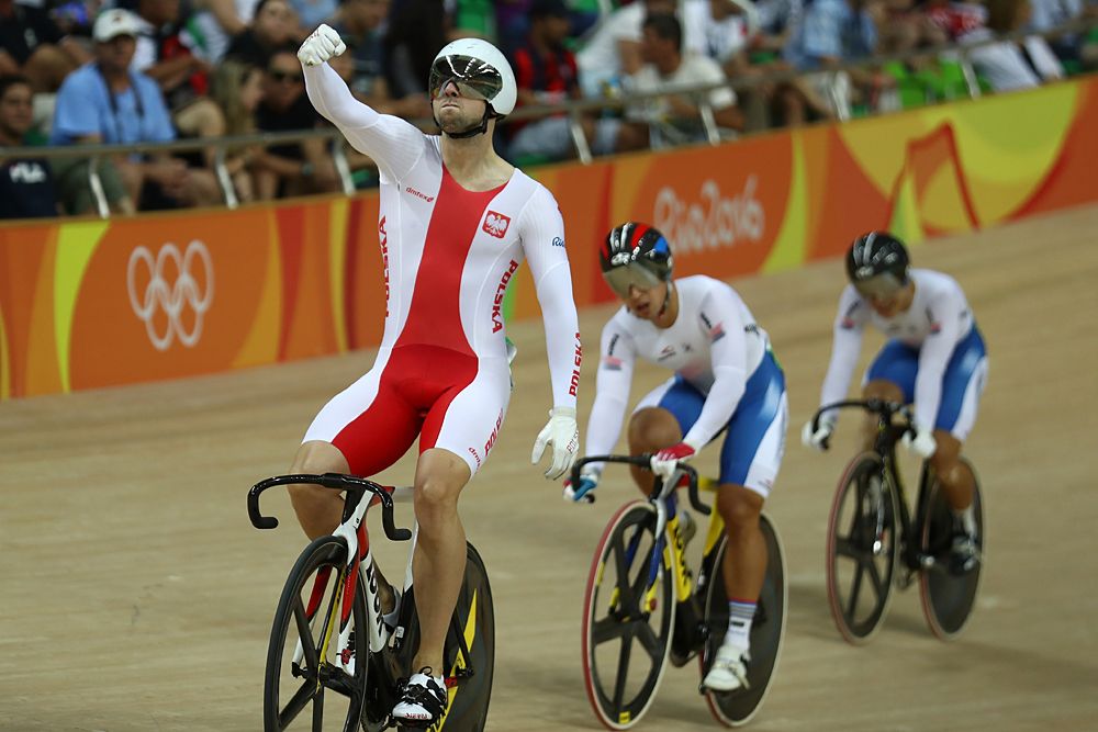Krzysztof Maksel of Poland wins the second heat of the Men's Keirin First Round Repechages