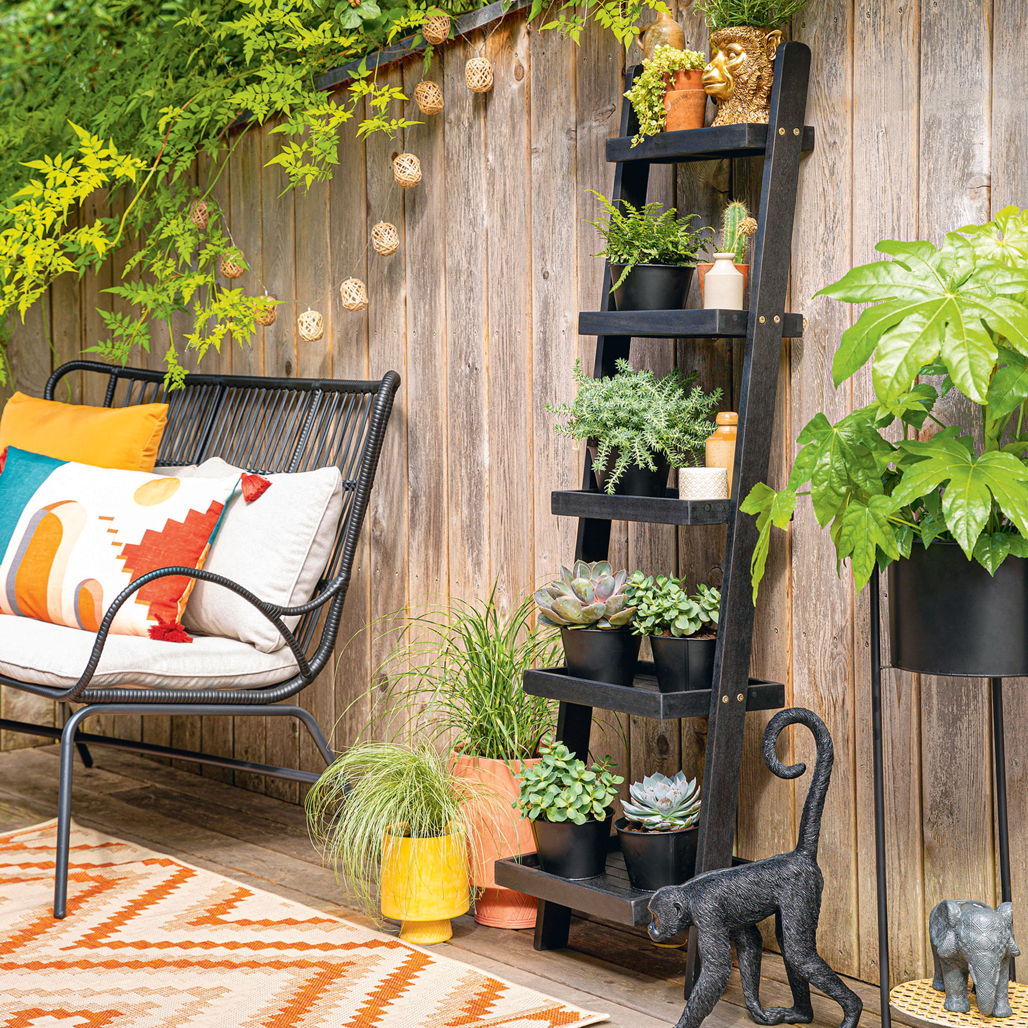black ladder storage for potted plants and succulents in garden