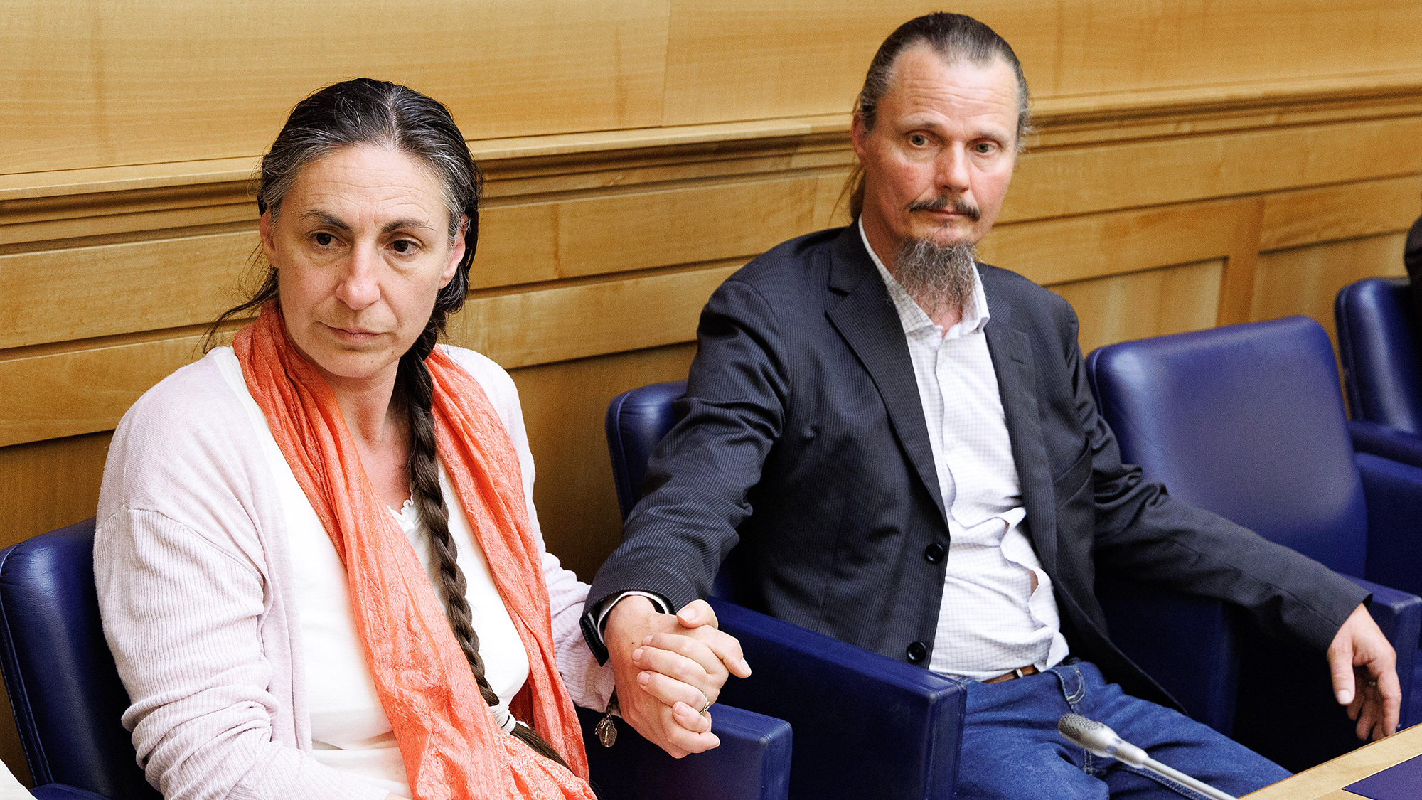 Catherine Birmingham and Nathan Trevallion in the press room of the Chamber of deputies