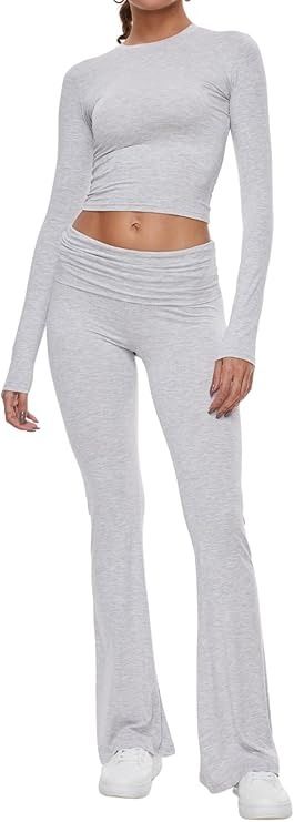 AnotherChill, 2 Piece Lounge Sets Fold-Over Flare Pants Set