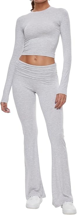 AnotherChill, 2 Piece Lounge Sets Fold-Over Flare Pants Set
