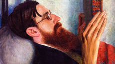 Giles Lytton Strachey portrait painting in oil on panel by Dora Carrington.