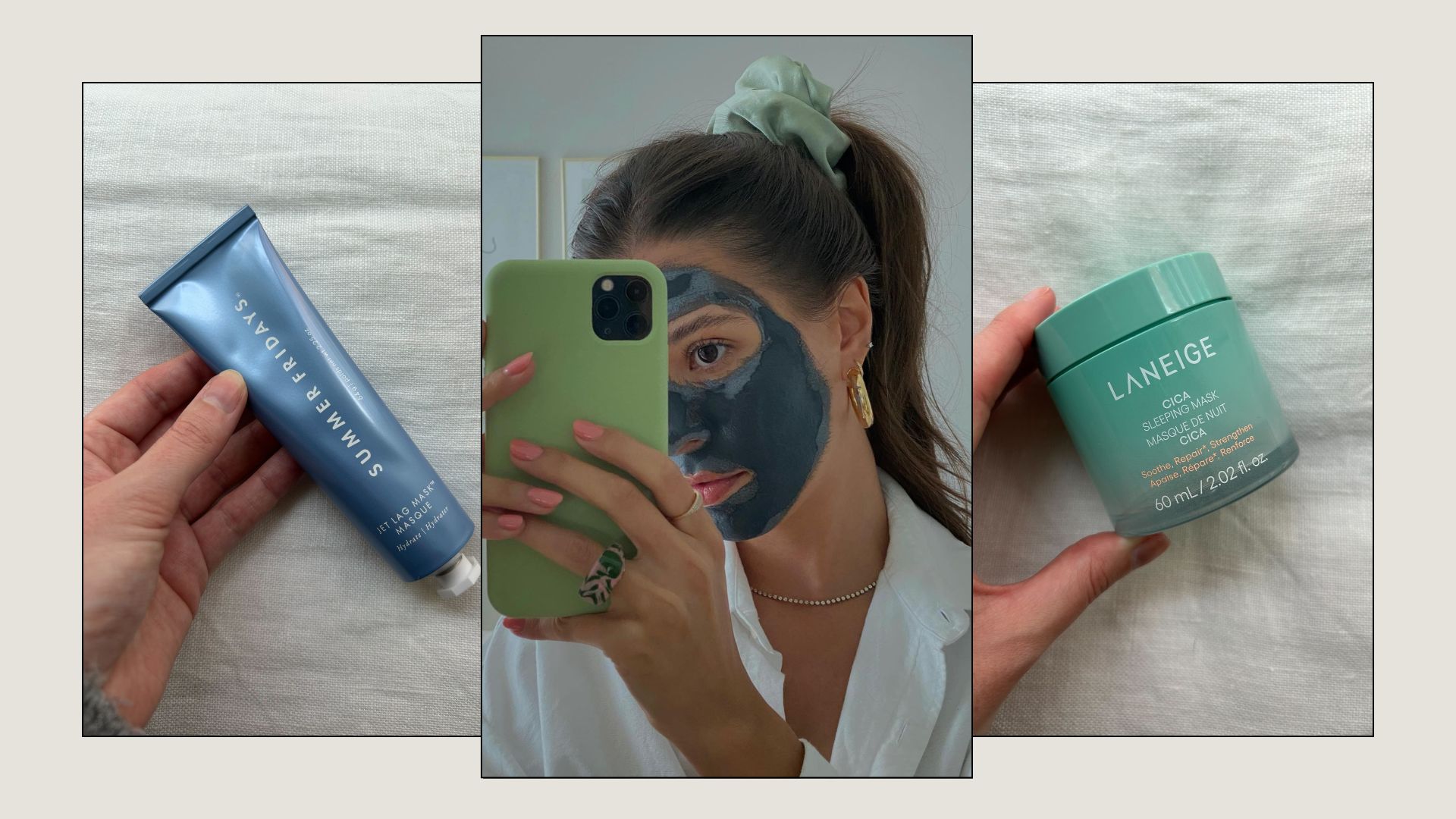 A woman taking a selfie wearing a clay face mask and a collage of two different face masks on a white background