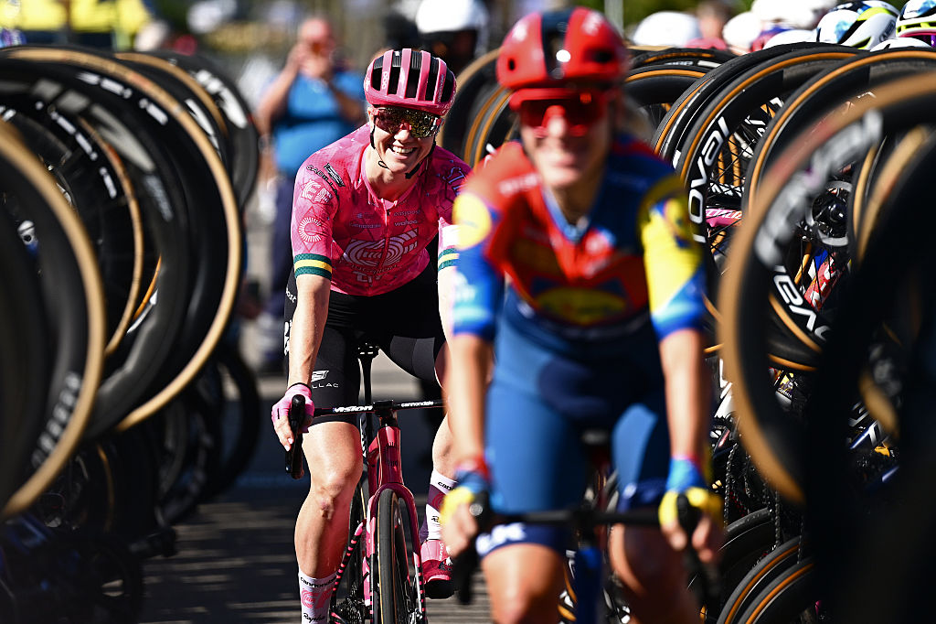 LICHTENVOORDE, NETHERLANDS - SEPTEMBER 07: (L-R) Sarah Roy of Australia and Team EF Education-Oatly and Ellen Van Dijk of Netherlands and Team Lidl - Trek honored in their farewell and last race as a professional cyclists prior to the 27th Simac Ladies Tour 2025, Stage 6 a 156.3km stage from Lichtenvoorde to Lichtenvoorde / #UCIWWT / on September 07, 2025 in Lichtenvoorde, Netherlands. (Photo by Luc Claessen/Getty Images)