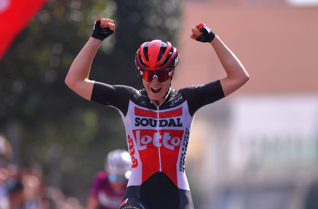 MADDALONI ITALY SEPTEMBER 17 Arrival Lotte Kopecky of Belgium and Team Lotto Soudal Ladies Celebration during the 31st Giro dItalia Internazionale Femminile 2020 Stage 7 a 1125km stage from Nola to Maddaloni GiroRosaIccrea GiroRosa on September 17 2020 in Maddaloni Italy Photo by Luc ClaessenGetty Images