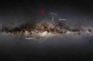This very wide-field view of the Milky Way shows the extent of the 84-million-star VISTA infrared image of the center of the galaxy (delineated by red rectangle).