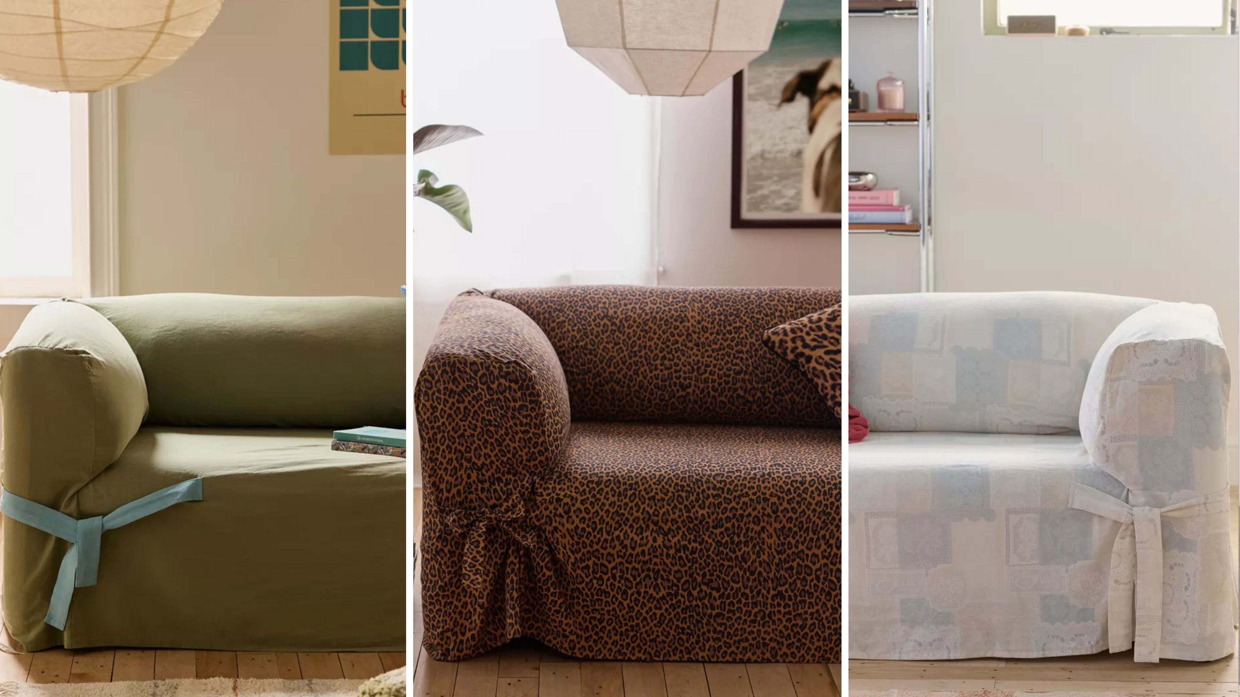Leopard-print slipcovered sofa with a coordinating leopard-print pillow, pictured alongside a stack of vintage magazines