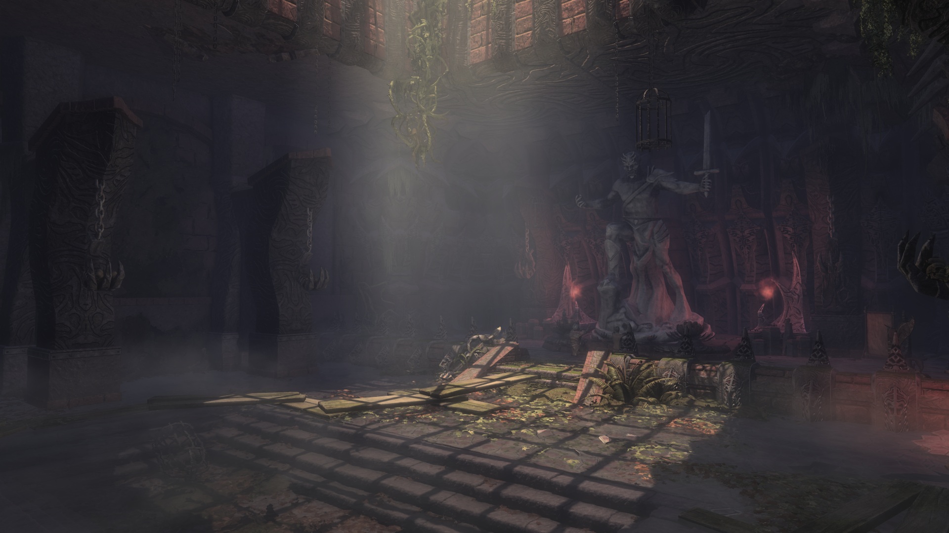 Shrine to Malacath in Daedric temple lit by skylight in Skywind