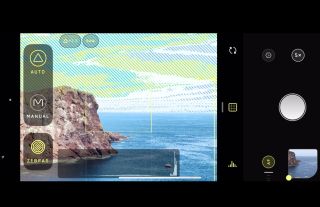 A screenshot of the Halide iPhone camera app showing zebra lines for overexposed areas of a photo