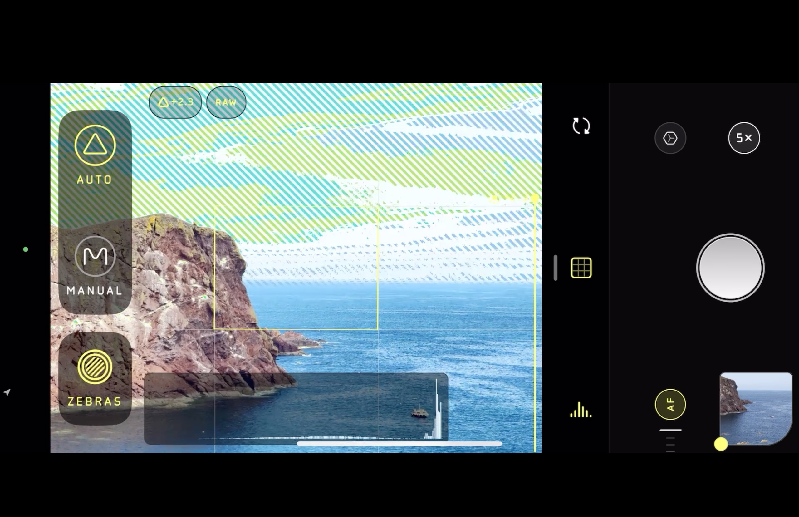 A screenshot of the Halide iPhone camera app showing zebra lines for overexposed areas of a photo