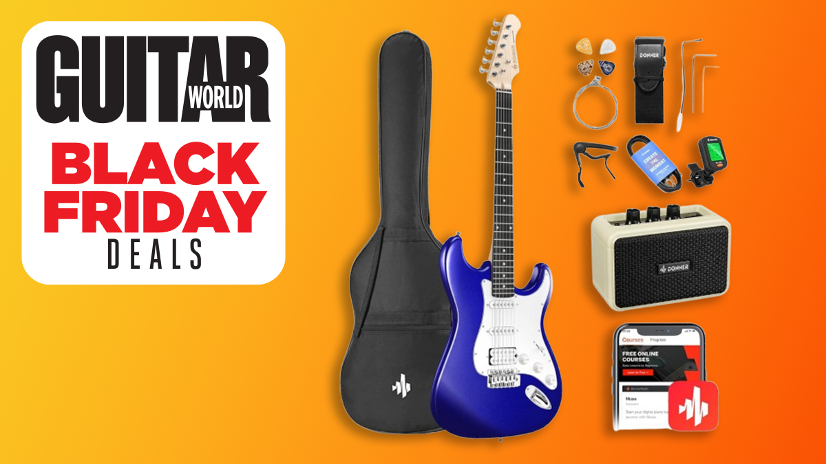 Donner guitar starter kit against an orange background