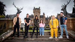 Claudia Winkleman with the final five The Traitors contestants (Kieran, Aaron, Meryl, Hannah and Wilfred)