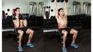 Man demonstrates two positions of the seated Arnold press using dumbbells in a gym