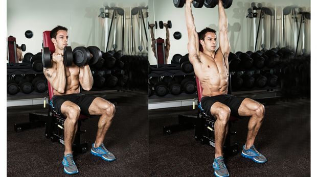 Man demonstrates two positions of the seated Arnold press using dumbbells in a gym
