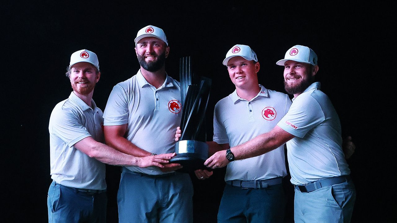 Legion XIII - made up of Kieran Vincent, Jon Rahm, Caleb Surratt, and Tyrrell Hatton - lift the LIV Golf Mayakoba trophy