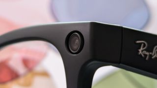 Close-up photograph of Ray-Ban Meta smart glasses camera.