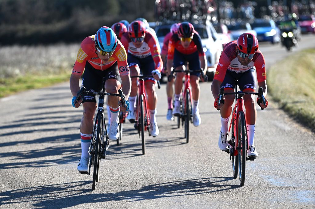 BROUZET LES ALES FRANCE FEBRUARY 04 LR Arnaud De Lie of Belgium and Team Lotto Dstny Orange leader Jersey and Jacopo Mosca of Italy and Team TrekSegafredo compete during the 53rd Etoile de Besseges Tour Du Gard 2023 Stage 4 a 1475km stage from SaintChristolLzAls to Le Mont Bouquet Brouzet ls Als 616m EDB2021 on February 04 2023 in SaintChristolLzAls France Photo by Luc ClaessenGetty Images