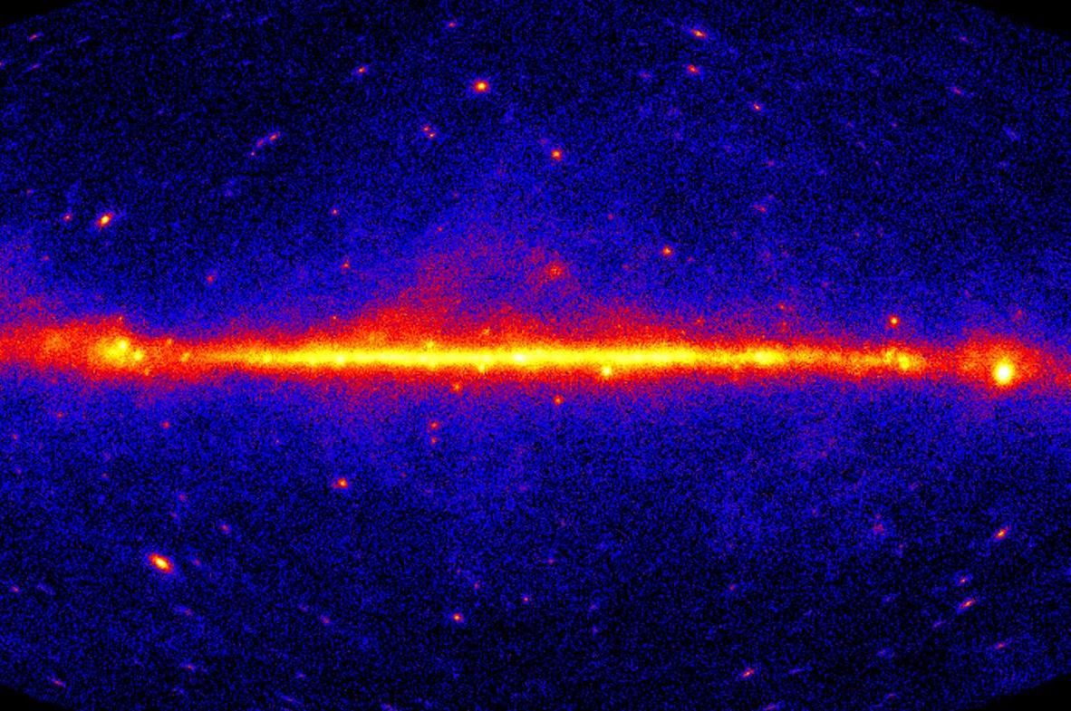 This glowing red map shows the universe as seen in high-energy gamma rays.