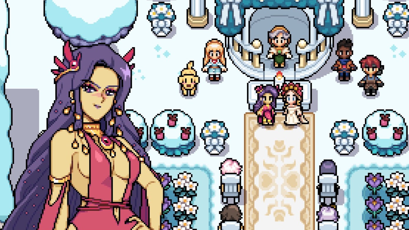 Fields of Mistria - Juniper looks sultry at a wedding altar with the main character