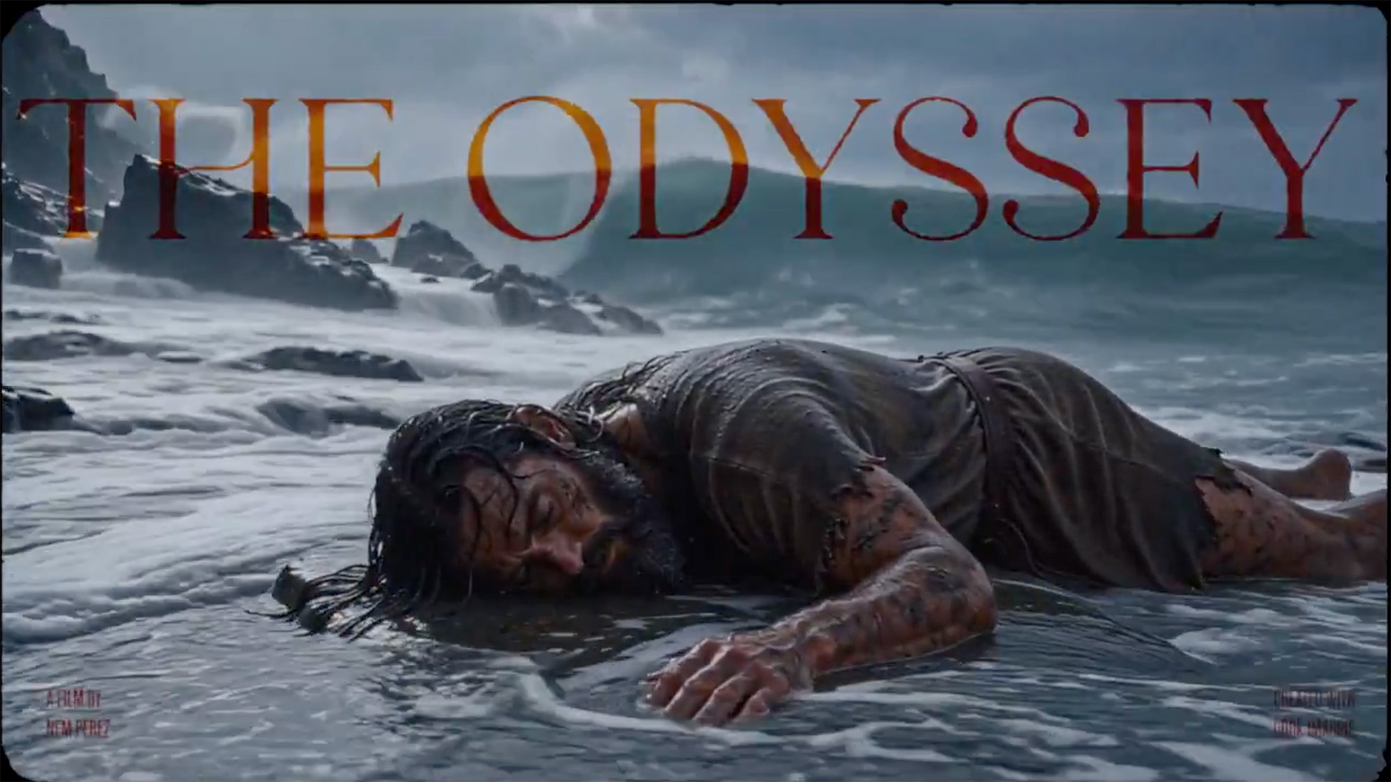 Still from Nem Perez's Odyssey created using genAI platform Grok AI showing Odysseus on a beach 
