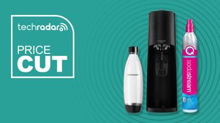 SodaStream Terra on cyan background next to price cut graphic