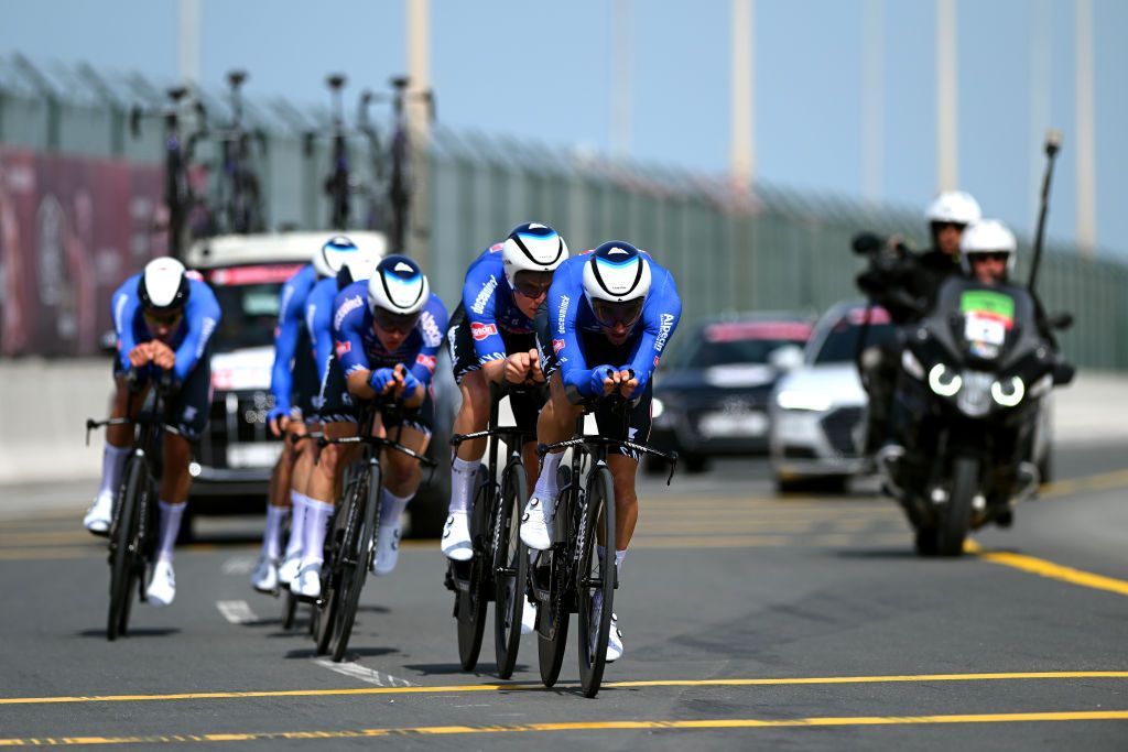 KHALIFA PORT UNITED ARAB EMIRATES FEBRUARY 21 Edward Planckaert of Belgium and Team AlpecinDeceuninck competing during the 5th UAE Tour 2023 Stage 2 a 173km team time trial in Khalifa Port UAETour on February 21 2023 in Khalifa Port United Arab Emirates Photo by Dario BelingheriGetty Images