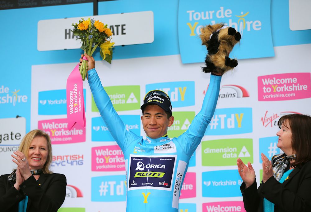 Caleb Ewan in the leader's jersey after stage 2 at Tour de Yorkshire