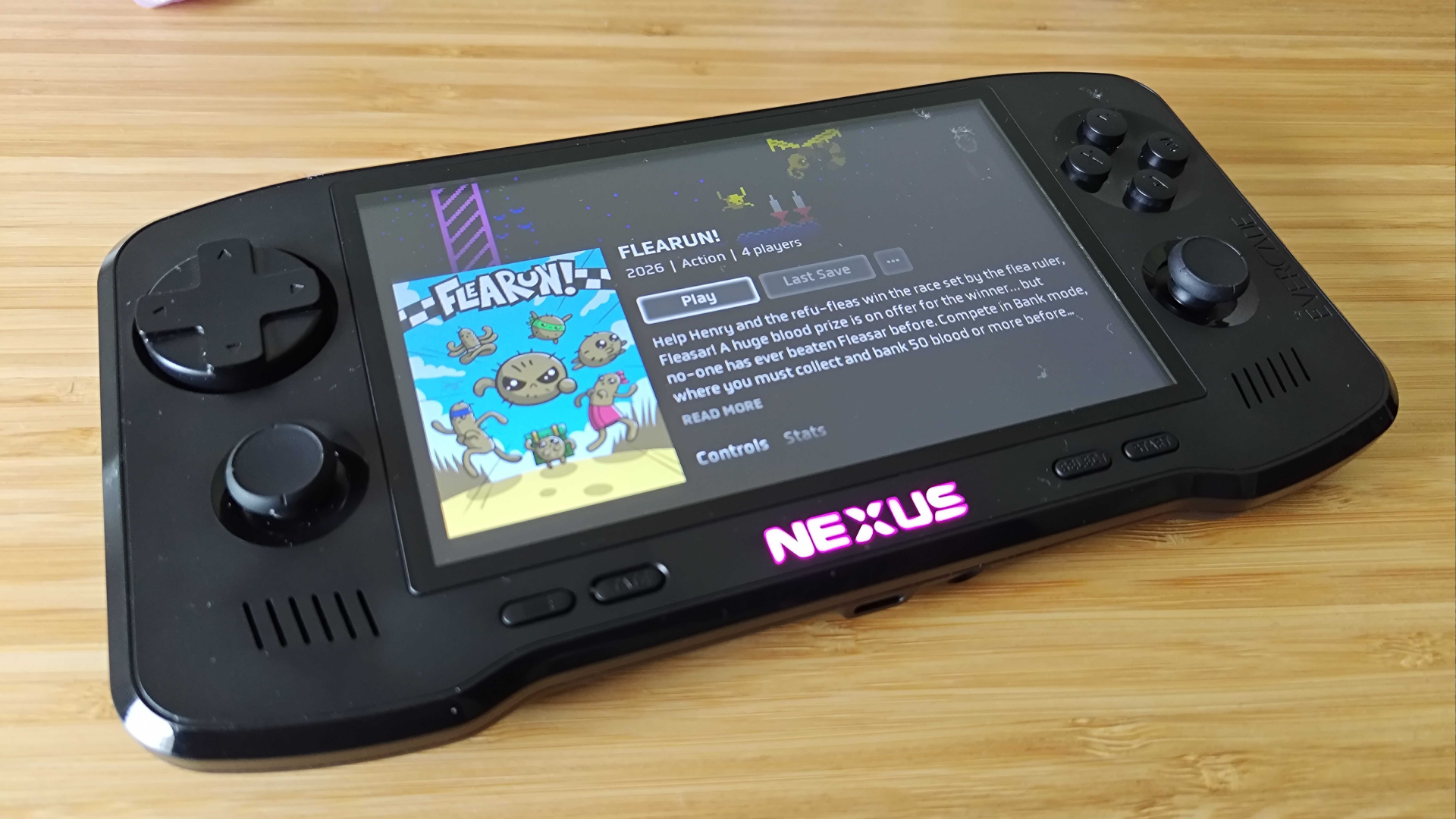 Evercade Nexus with downloadable Flearun game on menu screen.