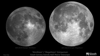 A comparison of the apparent size of a perigee moon, or "supermoon," and an apogee moon (“minimoon”) as seen through Slooh's Half Meter Telescope at its Canary Islands Observatory in 2015.