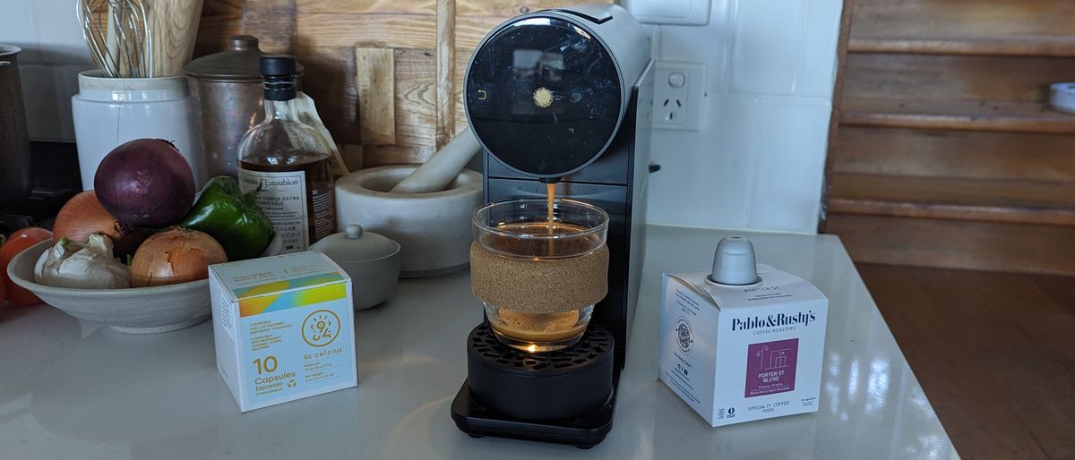 The Morning machine in a kitchen pouring a shot of single origin coffee