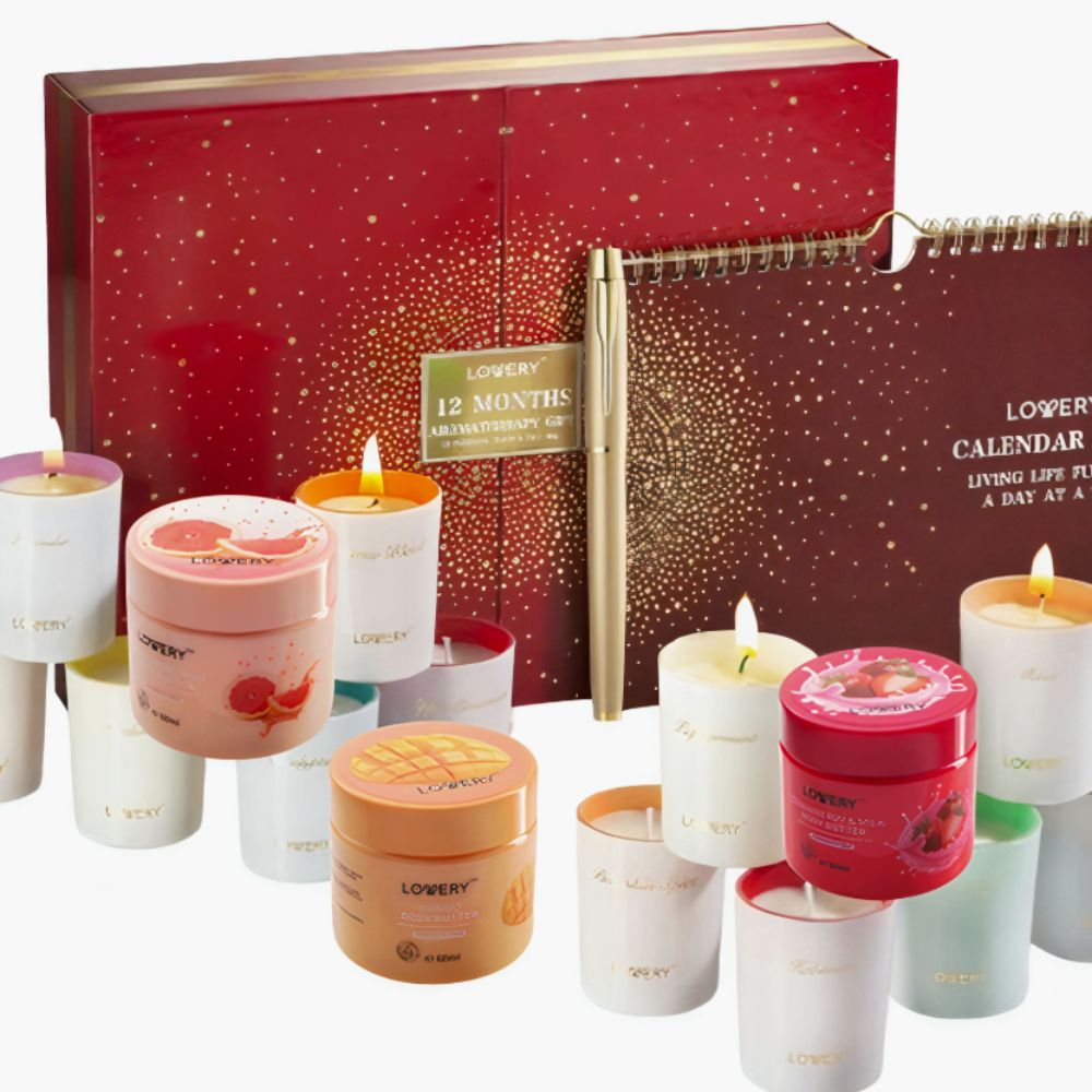 Red box advent calendar with mini candles and body butter gifts 