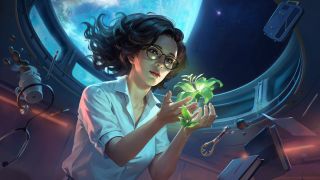 A woman tends to glowing plants in space.