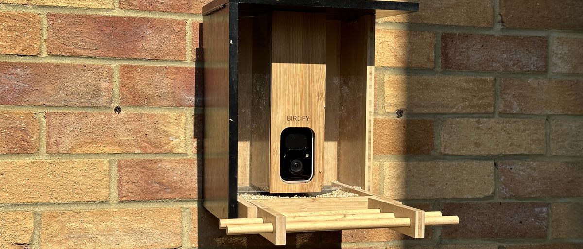 Netvue Birdfy Bamboo bird feeder camera mounted to a brick wall