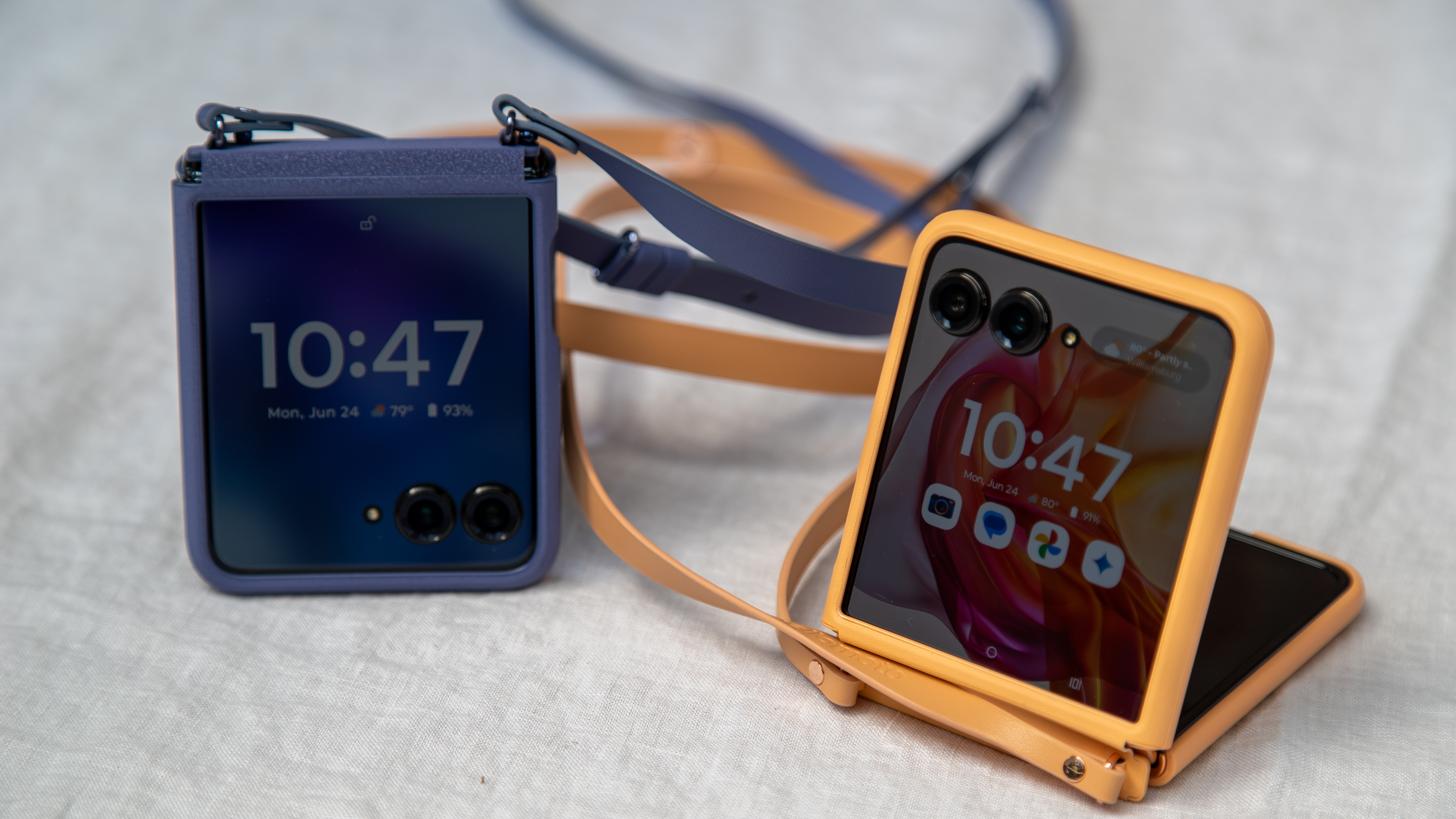 The Motorola Razr Plus 2024 and Razr 2024 with cases on