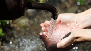 Hands of woman under fresh water spring, focus on water, in Borjomi