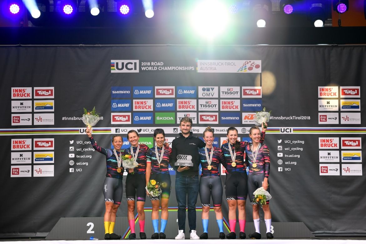 Canyon-SRAM celebrate on the podium.