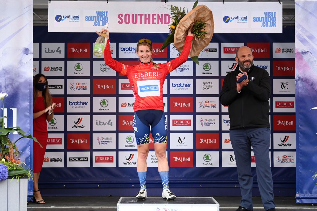 SOUTHEND ENGLAND OCTOBER 07 Nina Kessler of Netherlands and Team TIBCO Silicon Valley Bank celebrates winning the Orange sprints jersey on the podium ceremony after the 7th The Womens Tour 2021 Stage 4 a 1178km stage from Shoeburyness to SouthendonSea thewomenstour UCIWWT on October 07 2021 in Southend England Photo by Justin SetterfieldGetty Images