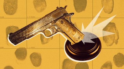 Photo collage of a Colt brand Emiliano Zapata golden gun slamming down on a gavel block