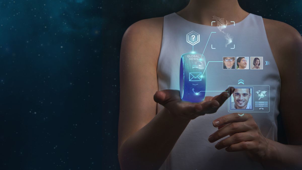 Concept art of a woman holding a futuristic smartwatch with a wraparound display