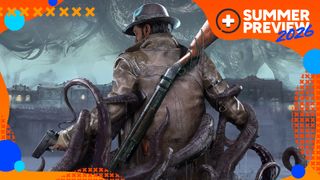 The Sinking City 2 key art showing a detective from behind with numerous weapons, tentacles reaching up to him from surrounding water, with the orange GamesRadar+ Summer Preview 2026 frame