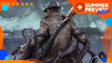 The Sinking City 2 key art showing a detective from behind with numerous weapons, tentacles reaching up to him from surrounding water, with the orange GamesRadar+ Summer Preview 2026 frame
