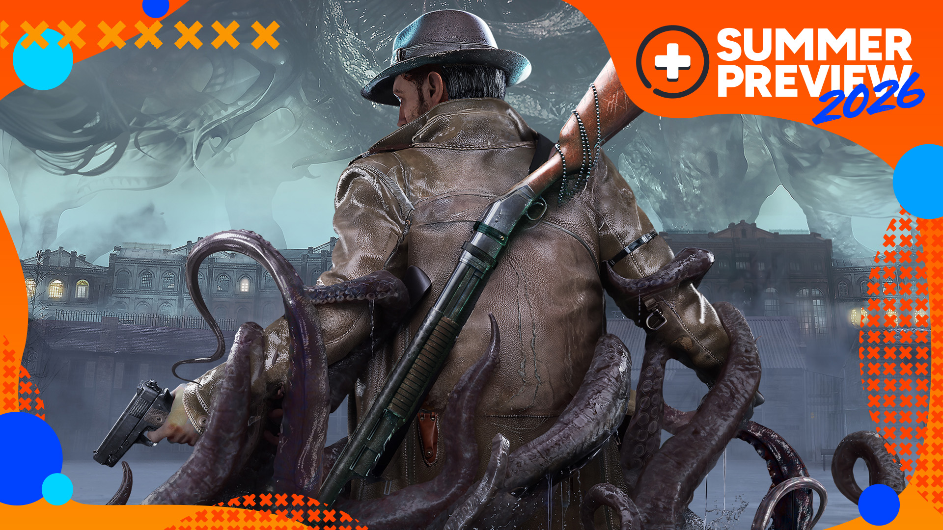 The Sinking City 2 key art showing a detective from behind with numerous weapons, tentacles reaching up to him from surrounding water, with the orange GamesRadar+ Summer Preview 2026 frame