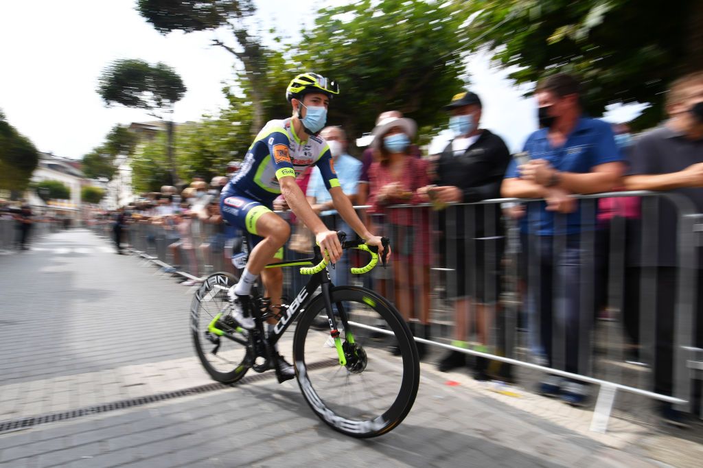 MONFORTE DE LEMOS SPAIN SEPTEMBER 03 Louis Meintjes of South Africa and Team Intermarch Wanty Gobert Matriaux prepares for the race prior to the 76th Tour of Spain 2021 Stage 19 a 1912 km stage from Tapia to Monforte de Lemos lavuelta LaVuelta21 on September 03 2021 in Monforte de Lemos Spain Photo by Stuart FranklinGetty Images