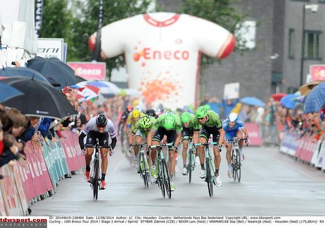 Zdenek Stybar (Omega Pharma-QuickStep) gallops to the stage 2 victory ahead of Belkin teammates Lars Boom and Sep Vanmarcke