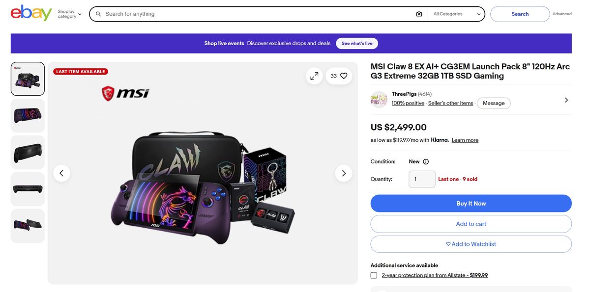 Listings on eBay for auctions of the MSI Claw 8 AI EX+ handheld gaming PC.
